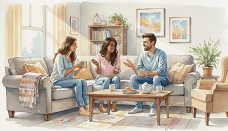 Friends having a meaningful conversation to support holistic personal growth and self awareness